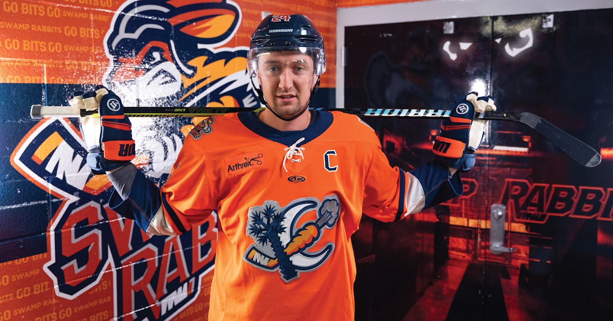 Benjamin Freeman wearing a Greenville Swamp Rabbits captain jersey.