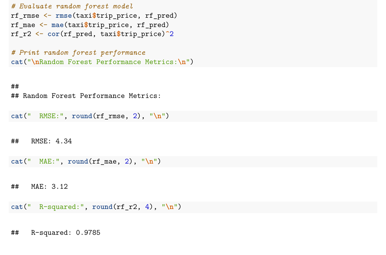 R Markdown report excerpt showing random forest performance metrics for a taxi fare pricing project.